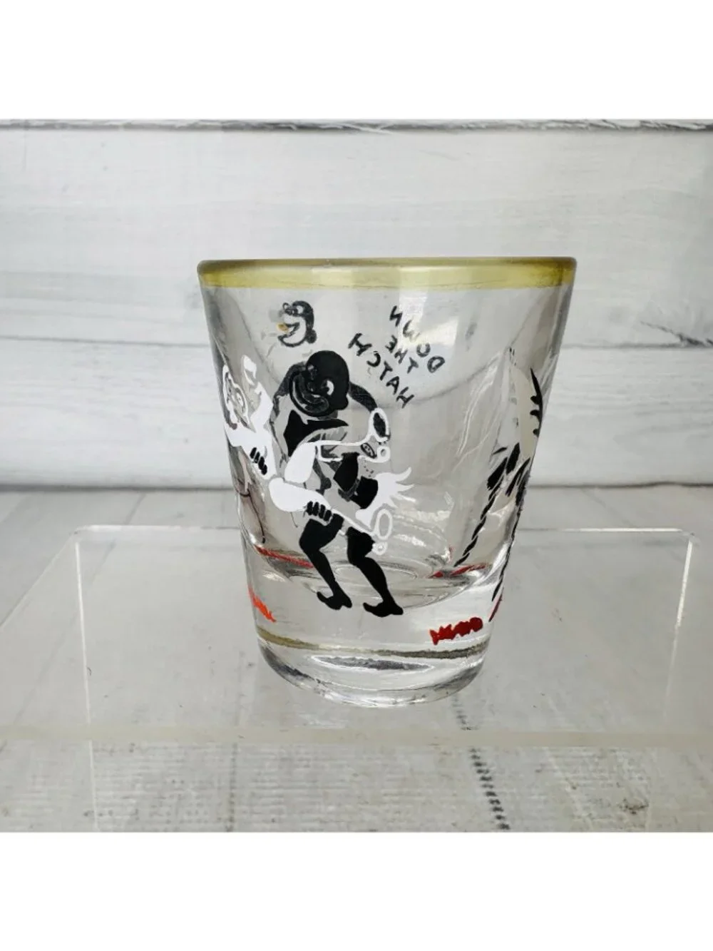 Vintage Risque Federal Glass DOWN THE HATCH Novelty Cartoon Natives Shot Glass